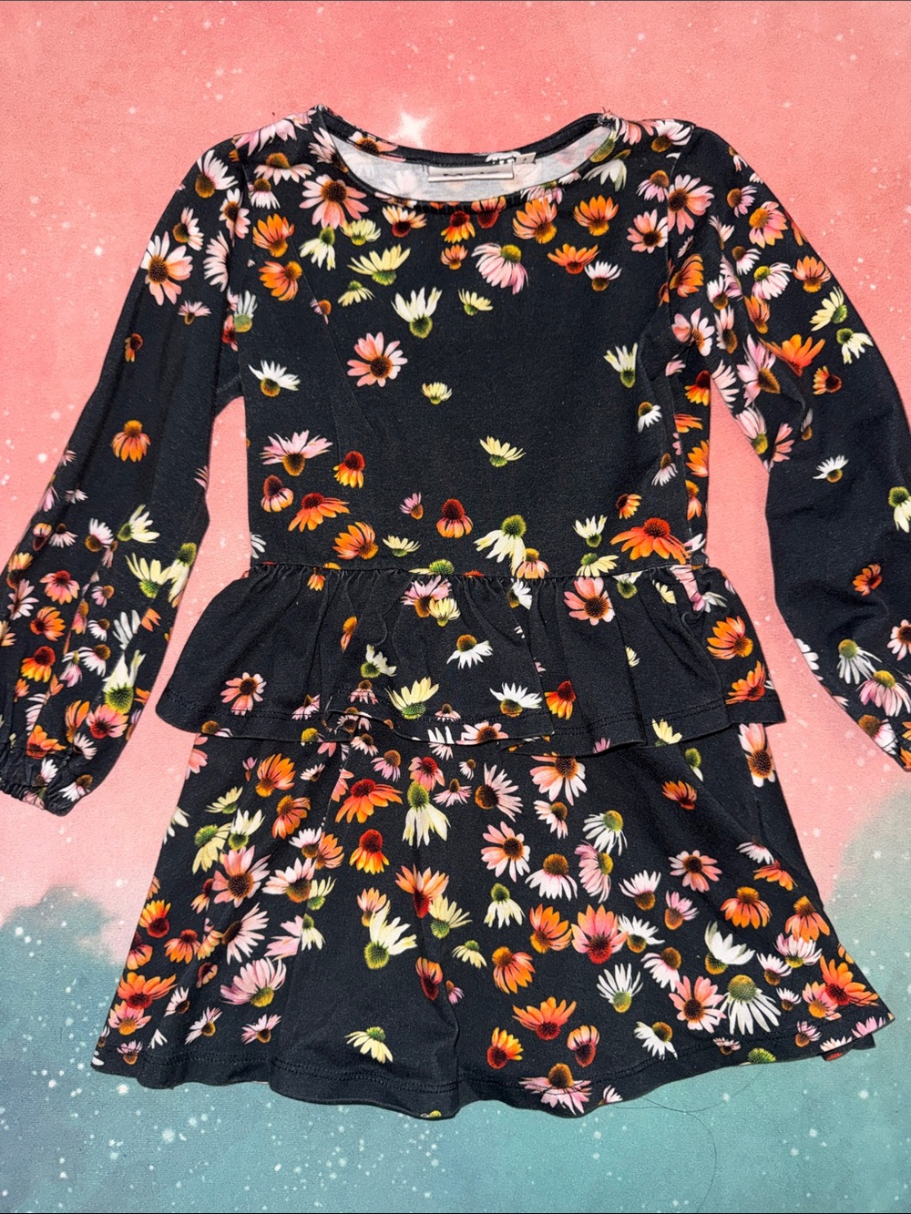 Molo Floral Peplum tiered Dress Pink and Orange Daisies girl 3 4 98 104 organic